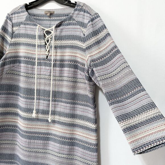 Lilla P Tweed Striped 3/4 Sleeve Shift Dress Lace-up Detail Size L - Picture 5 of 10